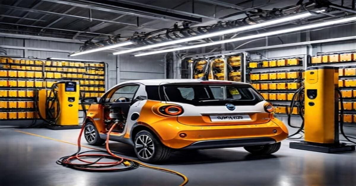 EV car in workshop for its battery maintenance